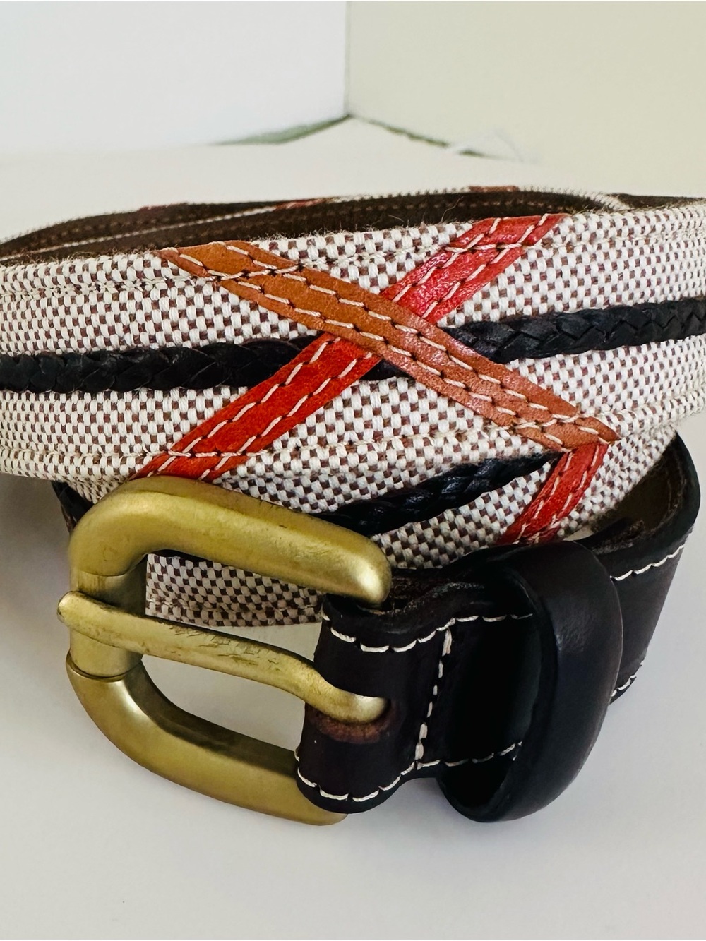 Hugo Boss Woven Cream Canvas Belt with Black Leather and Red & Tan Accents